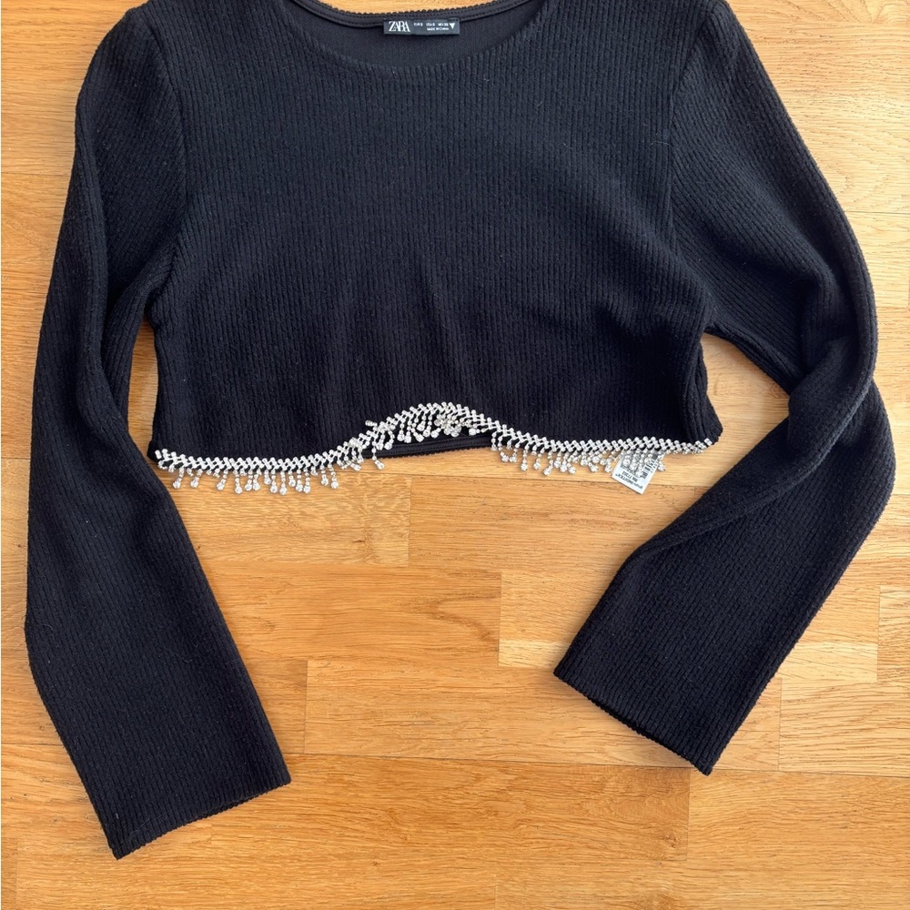Zara Black Cropped Top with Beaded Hem